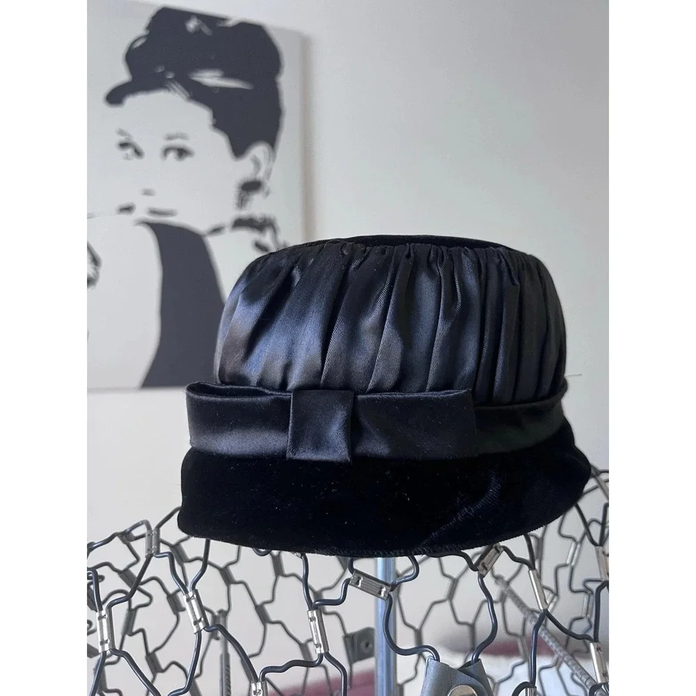 Vintage Black Satin and Velvet Pillbox Hat with Side Bow Ruched Crown‎ MCM